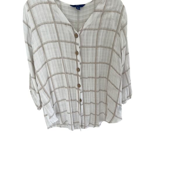 Apt 9 Lineny Rayon Womens M Blouse Top V Neck Rollup Sleeve Buttons Summer Vacay - Picture 1 of 6